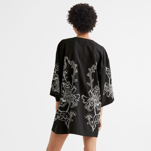 H&M Kimono Short embroidered kaftan linen blend‎ black kaftan v-neck dress Small - Picture 4 of 6